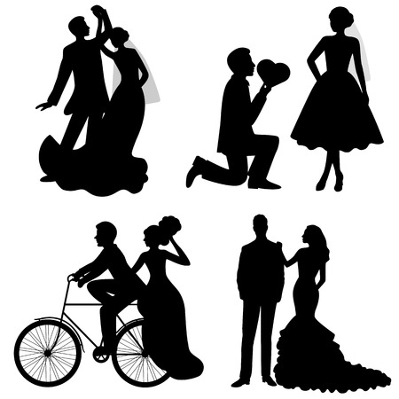 The bride and groom. Set. Collection. The black silhouette of bride and groom on a white background. Vector illustration.のイラスト素材