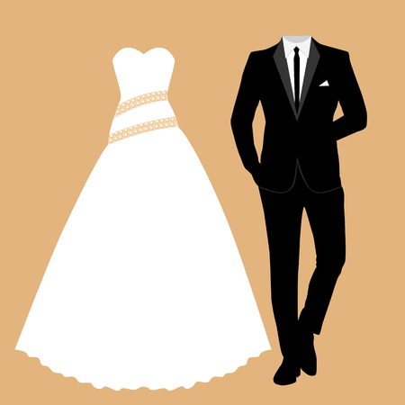 Wedding card with the clothes of the bride and groom. Beautiful wedding dress and tuxedo. Vector illustration.のイラスト素材