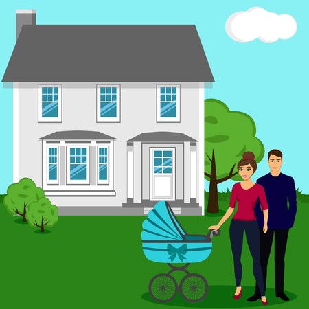 Family with a stroller. House. Young couple on the background of the house. Illustration of a flat design. Isolated vector illustration.のイラスト素材