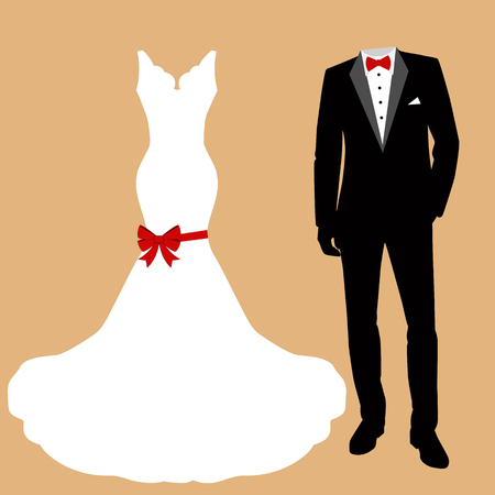 Wedding card with the clothes of the bride and groom. Beautiful wedding dress and tuxedo. Vector illustration.のイラスト素材