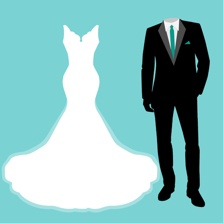 Wedding card with the clothes of the bride and groom. Beautiful wedding dress and tuxedo. Vector illustration.のイラスト素材