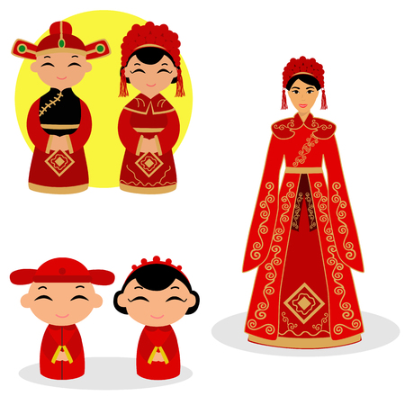 Chinese bride and groom. Chinese Couple In Traditional Wedding Gown. Traditional Chinese bride. Collection. Vector illustration.のイラスト素材