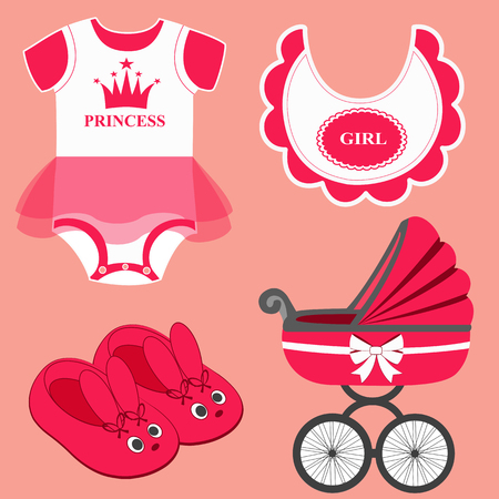 Icon set baby bib, bodysuit, slippers for a girl and baby carriage. Vector illustration.のイラスト素材