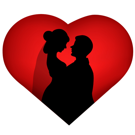 The bride and groom. The black silhouette of bride and groom on background heart. Also suitable for invitation card. Vector illustration.のイラスト素材