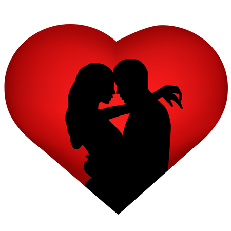 The bride and groom. The black silhouette of couple on background of the heart.  Also suitable for invitation card. Vector illustration.のイラスト素材