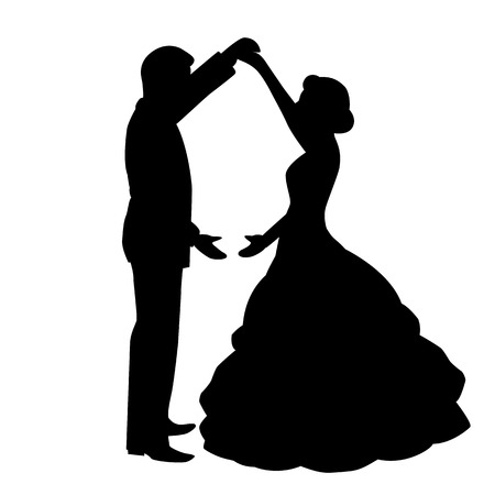 The bride and groom. The black silhouette of bride and groom on a white background. Vector illustration.のイラスト素材