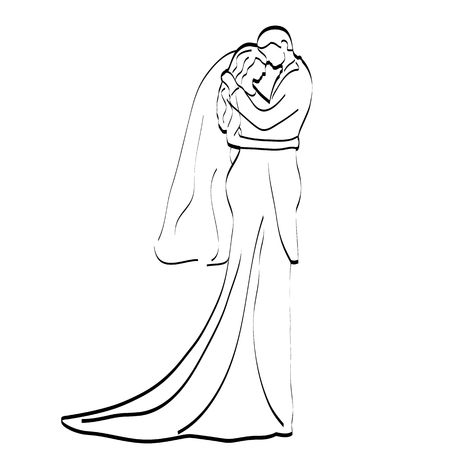 The bride and groom. The black contour of a bride and groom isolated on white background. Vector illustration.のイラスト素材