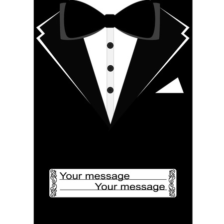 Black suit with bow tie on postcard. Postcard tuxedo. Also suitable for invitation card, business card. Vector illustration.のイラスト素材
