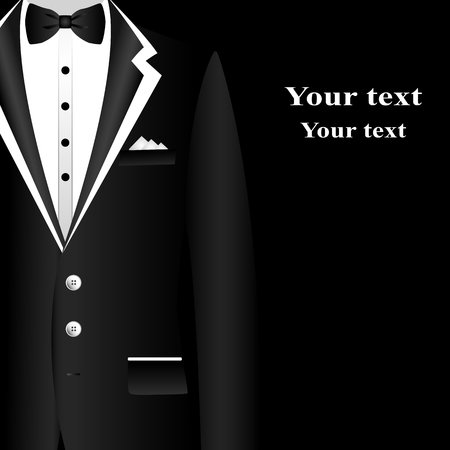 Black suit with bow tie on postcard. Postcard tuxedo. Also suitable for invitation card, business card. Vector illustration.のイラスト素材
