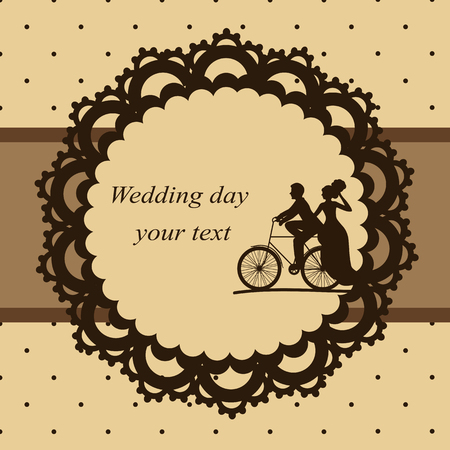 Invitation card with newlyweds on a bicycle in vintage style. Bride and groom. Wedding invitation. Vector illustration.のイラスト素材