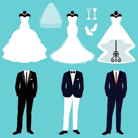 Wedding card with the clothes of the bride and groom. A set of wedding clothes. Beautiful wedding dress and tuxedo. Vector illustration.のイラスト素材