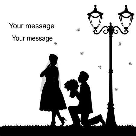 Wedding card with the newlyweds on a white background with a street lamp. Bride and groom. Also suitable for invitation card. Vector illustration.のイラスト素材