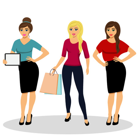Collection of girls. A modern girl. Girl with ipad. Girl with shopping. Isolated objects. Vector illustration.のイラスト素材