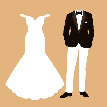 Wedding card with the clothes of the bride and groom. Beautiful wedding dress and tuxedo. Vector illustration.のイラスト素材
