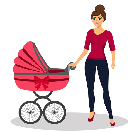 Young mother and baby stroller. Illustration of a flat design. Isolated vector illustration.のイラスト素材
