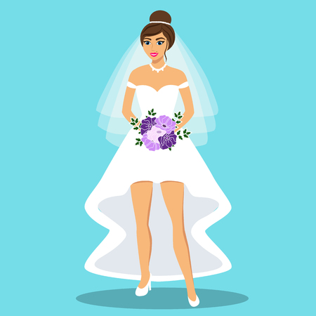 Wedding card with the bride on a blue background. Bride. Bride in wedding dress with a bouquet. Clothing. Vector illustration.のイラスト素材