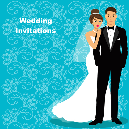 Bride and groom. Wedding card with the newlyweds on the background with ornament. Wedding invitation. Vector illustration.のイラスト素材