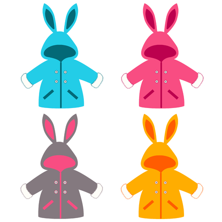 Baby coat with ears. Baby clothes. Children's jacket, bunny. Outerwear. For girls and boys. Vector illustration.のイラスト素材
