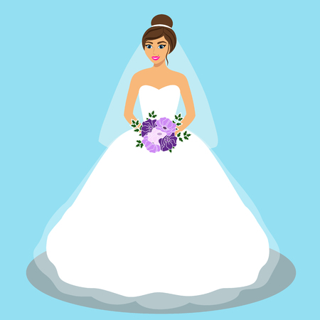 Wedding card with the bride on a blue background. Bride. Bride in wedding dress with a bouquet. Vector illustration.のイラスト素材