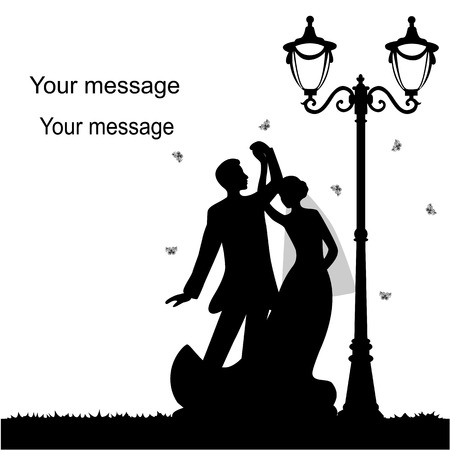 Wedding card with the newlyweds on a white background with a street lamp. Bride and groom. Also suitable for invitation card. Vector illustration.のイラスト素材