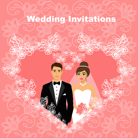 Bride and groom. Wedding card with the newlyweds in the heart of butterflies, on the background with ornament. Wedding invitation. Vector illustration.のイラスト素材