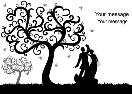 Wedding card with the newlyweds on a white background with decorative tree. Bride and groom. Also suitable for invitation card.のイラスト素材