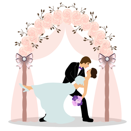 Wedding arch with bride and groom isolated on white background. Bride and groom. Wedding design. Wedding decoration. Vector illustration.のイラスト素材