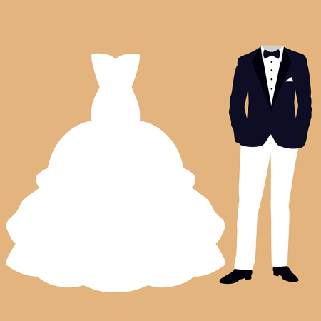 Wedding card with the clothes of the bride and groom. Beautiful wedding dress and tuxedo. Vector illustration.のイラスト素材