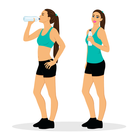 The girl is drinking water after workout Sports girl. Healthy Lifestyle. Flat design. illustration.のイラスト素材