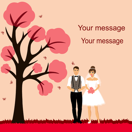 Bride and groom. Wedding card with the newlyweds on the tree in pink with decorative tree and butterflies. Wedding invitation. Vector illustration.のイラスト素材