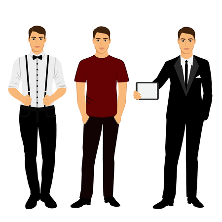 Collection. Clothing in plain shirt, and with suit with tablet  The groom. Wedding men's suit, tuxedo Vector illustrationのイラスト素材