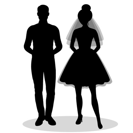 The bride and groom. The black silhouette of bride and groom on a white background. Vector illustration.のイラスト素材