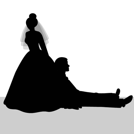The bride and groom. The black silhouette of bride and groom on a white background. Vector illustration.のイラスト素材