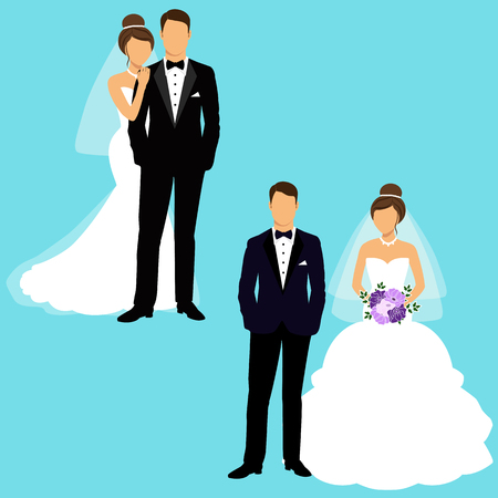 Bride and groom. Couple. Set.  Wedding card with the newlyweds. Isolated objects. Vector illustrationのイラスト素材