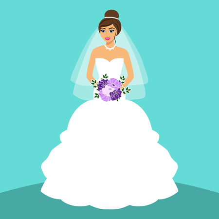 Bride. Wedding card with the bride on a blue background. Bride in wedding dress with a bouquet. Clothing. Vector illustration.のイラスト素材
