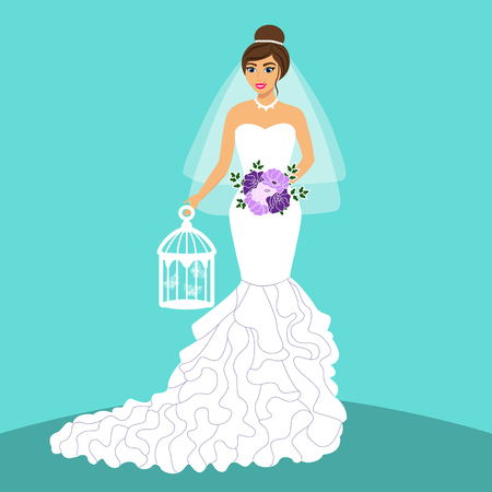 Bride. Wedding card with the bride on a blue background. Bride in wedding dress with a bouquet. Clothing. Vector illustration.のイラスト素材