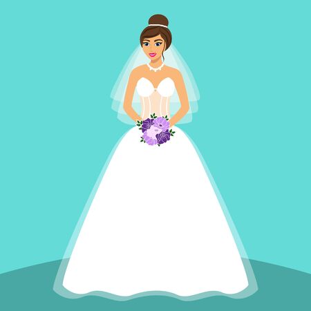 Bride. Wedding card with the bride on a blue background. Bride in wedding dress with a bouquet. Clothing. Vector illustration.のイラスト素材