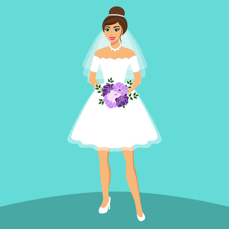 Bride. Wedding card with the bride on a blue background. Bride in wedding dress with a bouquet. Clothing. Vector illustration.のイラスト素材