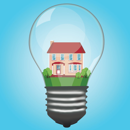 The house is in a lamp. Light bulb. Modern cottage. House. The property.  Vector illustrationのイラスト素材
