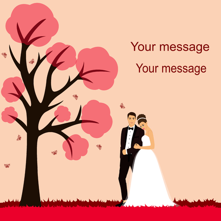 Bride and groom. Wedding card with the newlyweds on the background with decorative tree, butterflies. Wedding invitation. Vector illustration.のイラスト素材