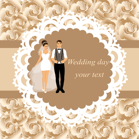 Invitation card with the bride and groom in vintage style on a floral background. Bride and groom. Wedding invitation. Vector illustration.のイラスト素材