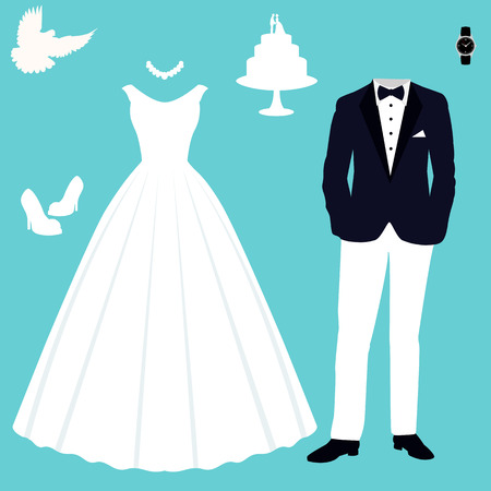 Beautiful wedding dress and tuxedo Vector illustration.のイラスト素材