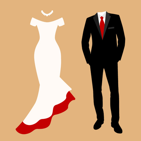 Wedding card with the clothes of the bride and groom. Wedding set. Beautiful wedding dress and tuxedo. Vector illustration.のイラスト素材