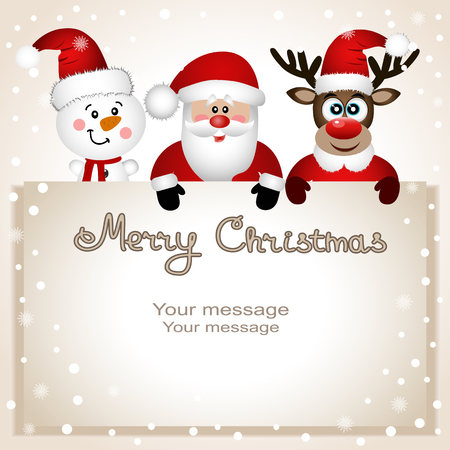 Christmas card. Funny postcard with Christmas reindeer, Santa and snowman. Vector Illustration. Santaのイラスト素材
