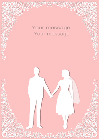 Wedding card with the newlyweds on a pink background with with floral composition and place for text. Bride and groom. Also suitable for invitation card.のイラスト素材