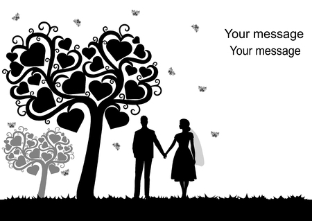 Wedding card with the newlyweds on a white background with decorative tree. Bride and groom. Also suitable for invitation card.のイラスト素材