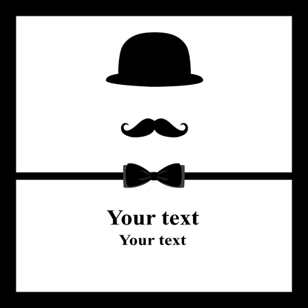 Black bow tie and a mustache on postcard. Postcard tuxedo. Also suitable for invitation card, business card. Vector illustration.のイラスト素材