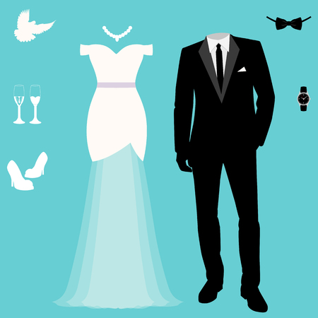 Wedding card with the clothes of the bride and groom. Wedding set. Beautiful wedding dress and tuxedo. Vector illustration.のイラスト素材