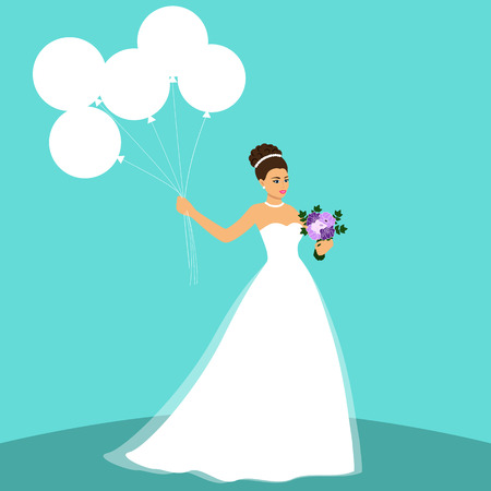 Bride. Wedding card with the bride on a blue background. Bride in wedding dress with bouquet and balloons. Clothing. Vector illustration.のイラスト素材