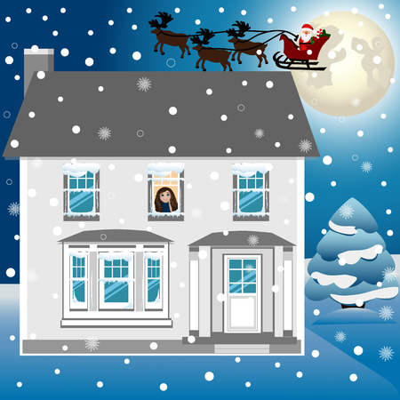 Christmas card. Christmas postcard with Santa on sleigh.の写真素材